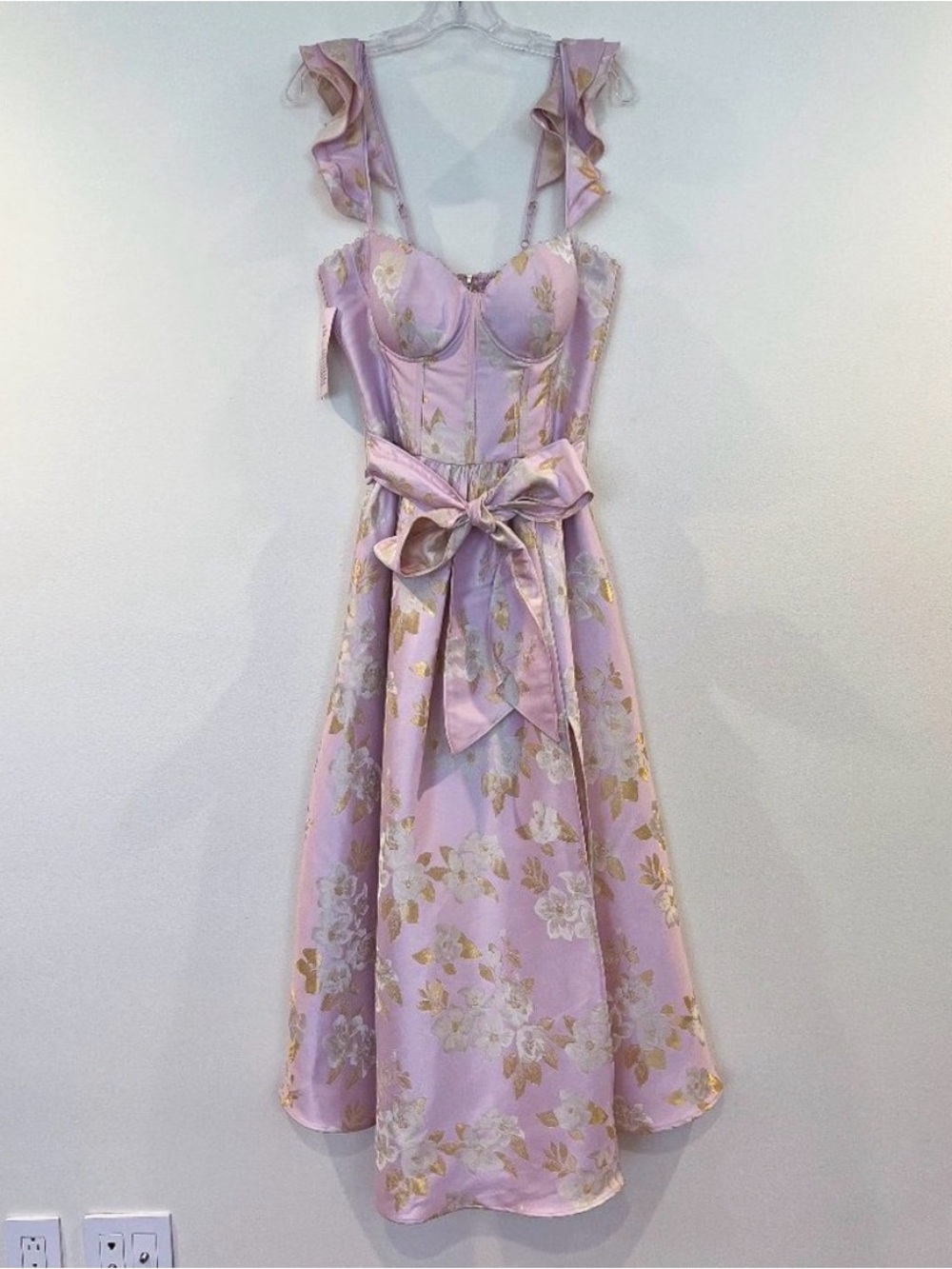 V. Chapman Vera Lilac Baroque Floral Sweetheart Ruffle Romantic Midi Dress 10 - Picture 2 of 4